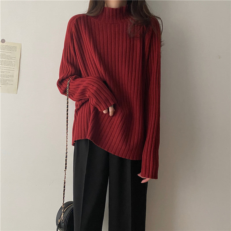 Women’s Knit Sweater - Ribbed Texture - Mock Turtleneck - Long Sleeve Relaxed Fit