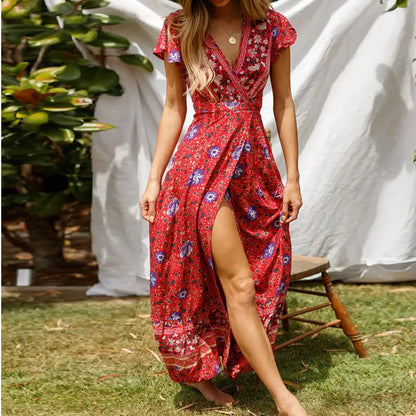 Women's Maxi Dress - Bohemian Wrap Style - Deep V-Neck - Short Flutter Sleeves - High Slit