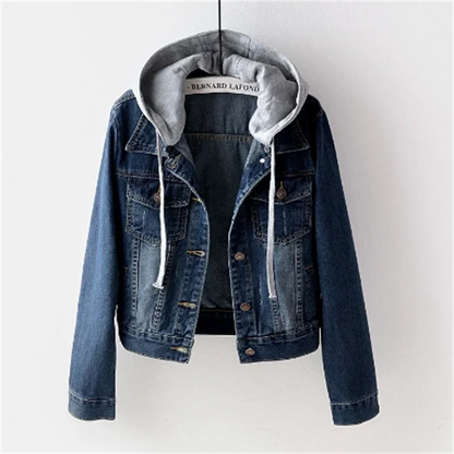 Women’s Denim Jacket - Button Front - Hoodie Attached - Casual Layered Look
