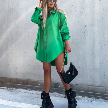 Women's Oversized Shirt Dress - Button-Up - Long Sleeve - Relaxed Fit Casual Wear