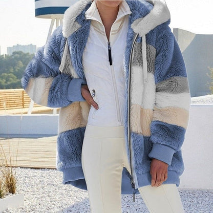 Women's warm plush hooded coat with color contrast stripe
