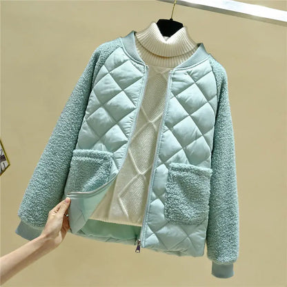 Women's Quilted Jacket - Soft Textured Sleeves - Ribbed Collar - Zip Front with Pockets