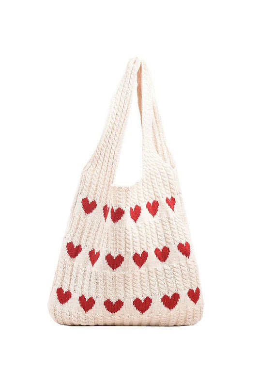 Women's Knitted Tote Bag - Heart Pattern - Handmade Casual Shoulder Bag