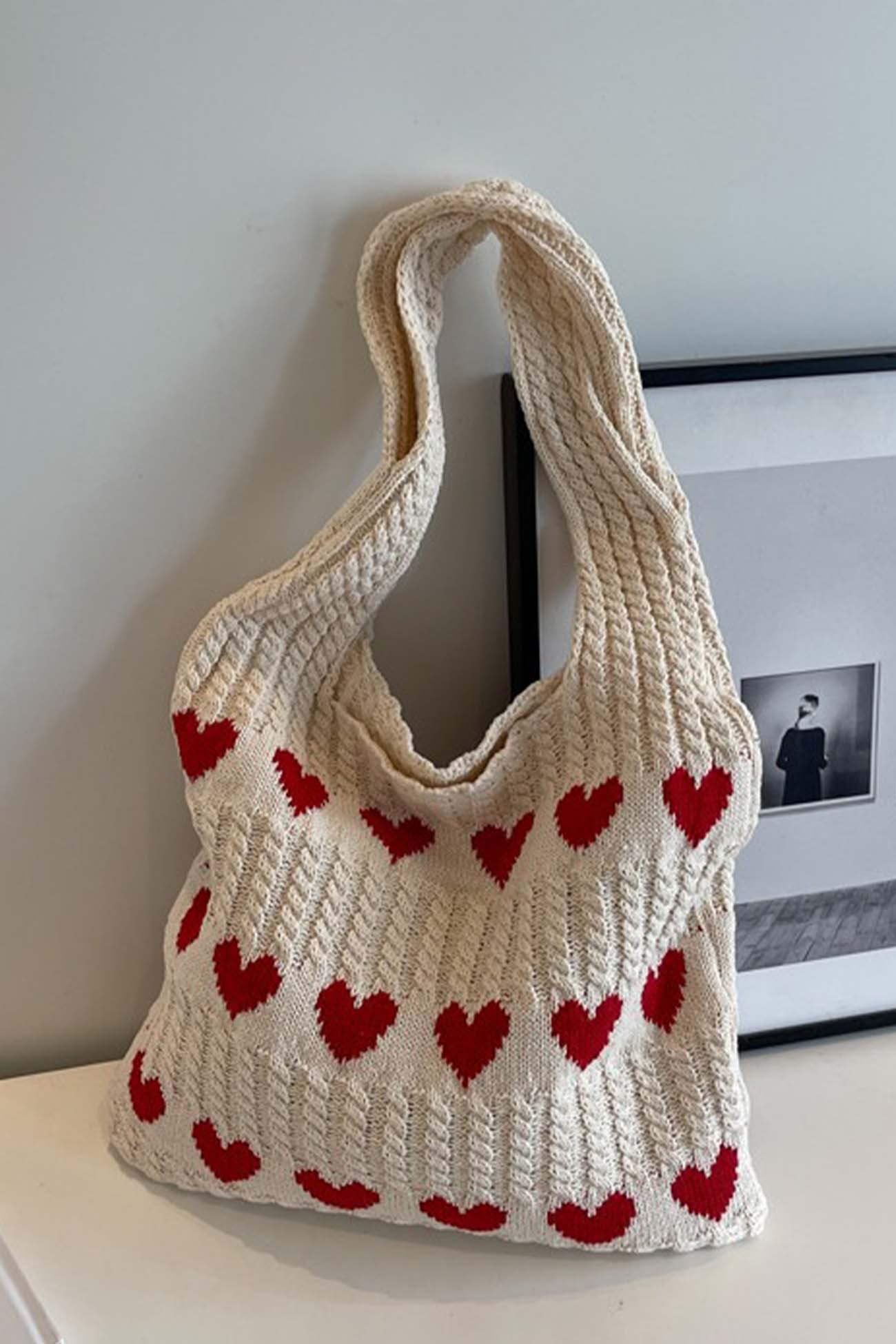 Women's Knitted Tote Bag - Heart Pattern - Handmade Casual Shoulder Bag