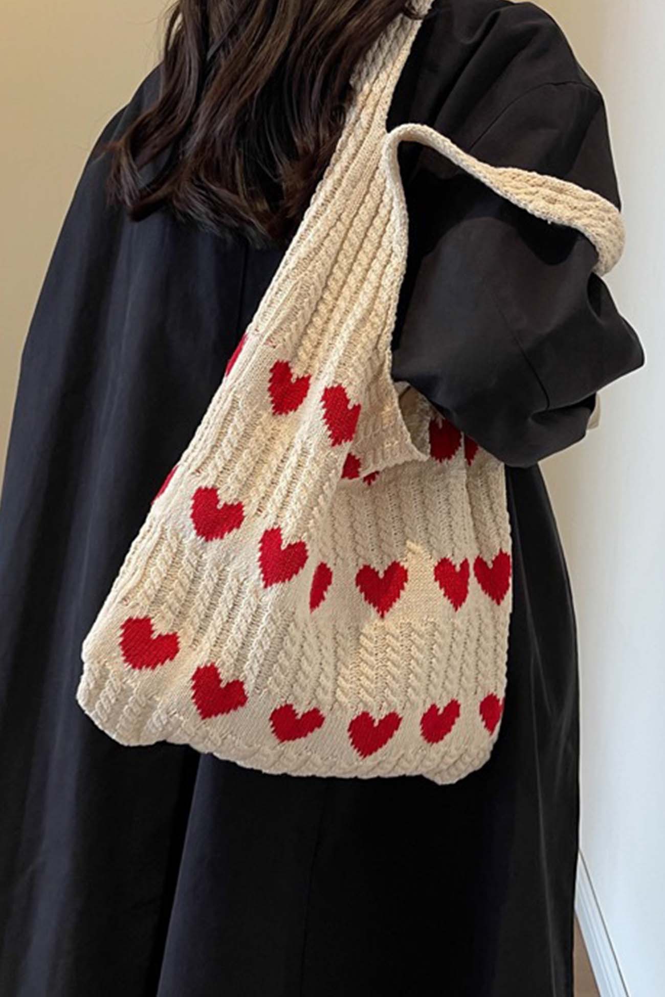 Women's Knitted Tote Bag - Heart Pattern - Handmade Casual Shoulder Bag