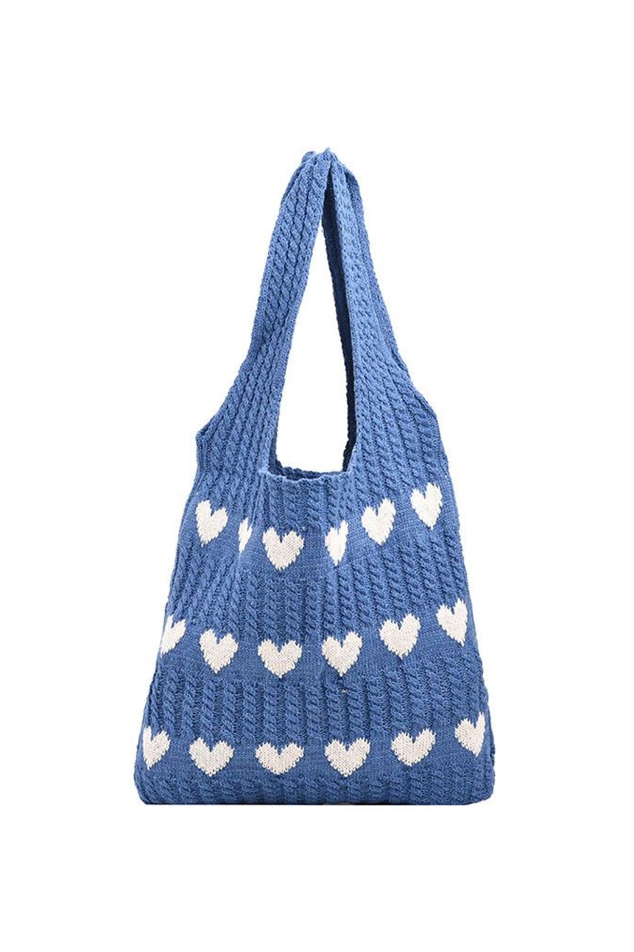 Women's Knitted Tote Bag - Heart Pattern - Handmade Casual Shoulder Bag