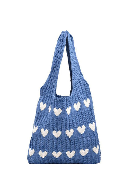 Women's Knitted Tote Bag - Heart Pattern - Handmade Casual Shoulder Bag