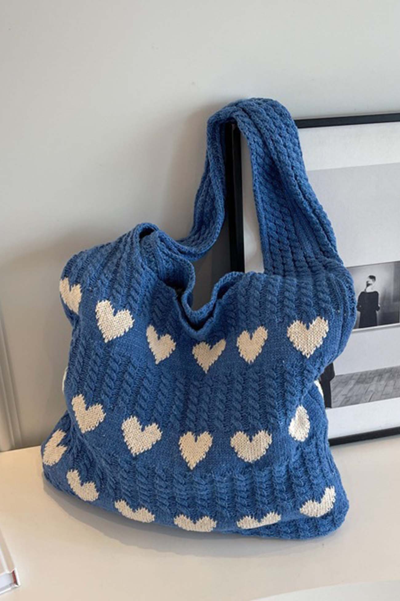 Women's Knitted Tote Bag - Heart Pattern - Handmade Casual Shoulder Bag