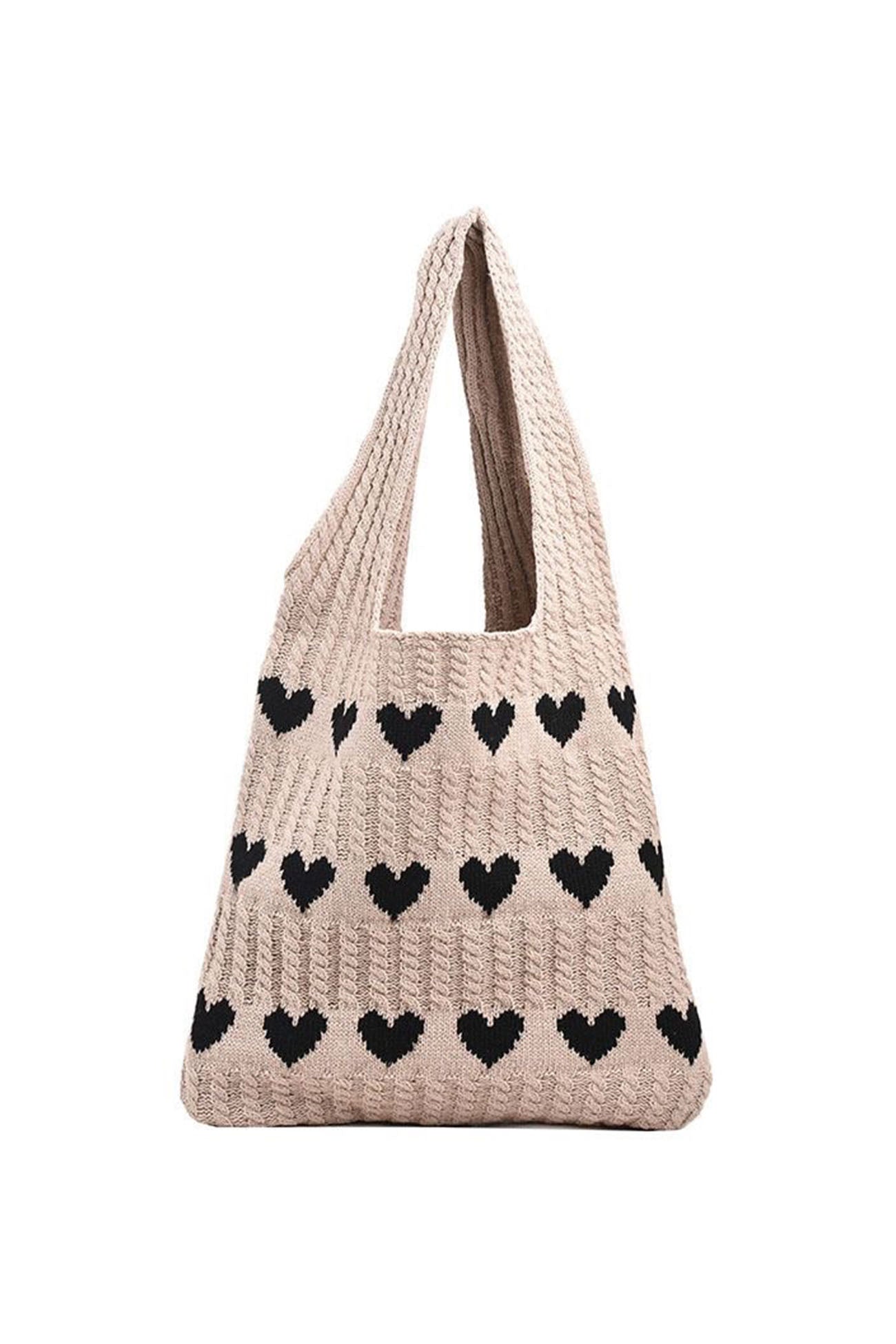 Women's Knitted Tote Bag - Heart Pattern - Handmade Casual Shoulder Bag
