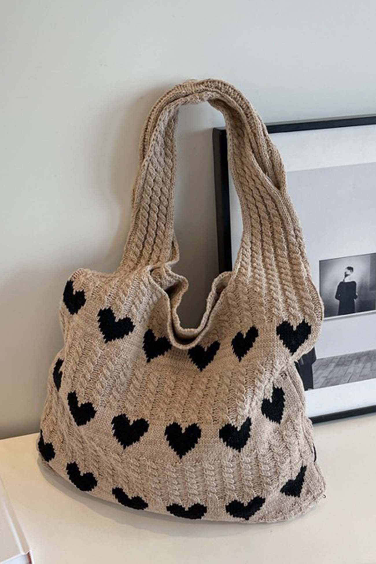 Women's Knitted Tote Bag - Heart Pattern - Handmade Casual Shoulder Bag