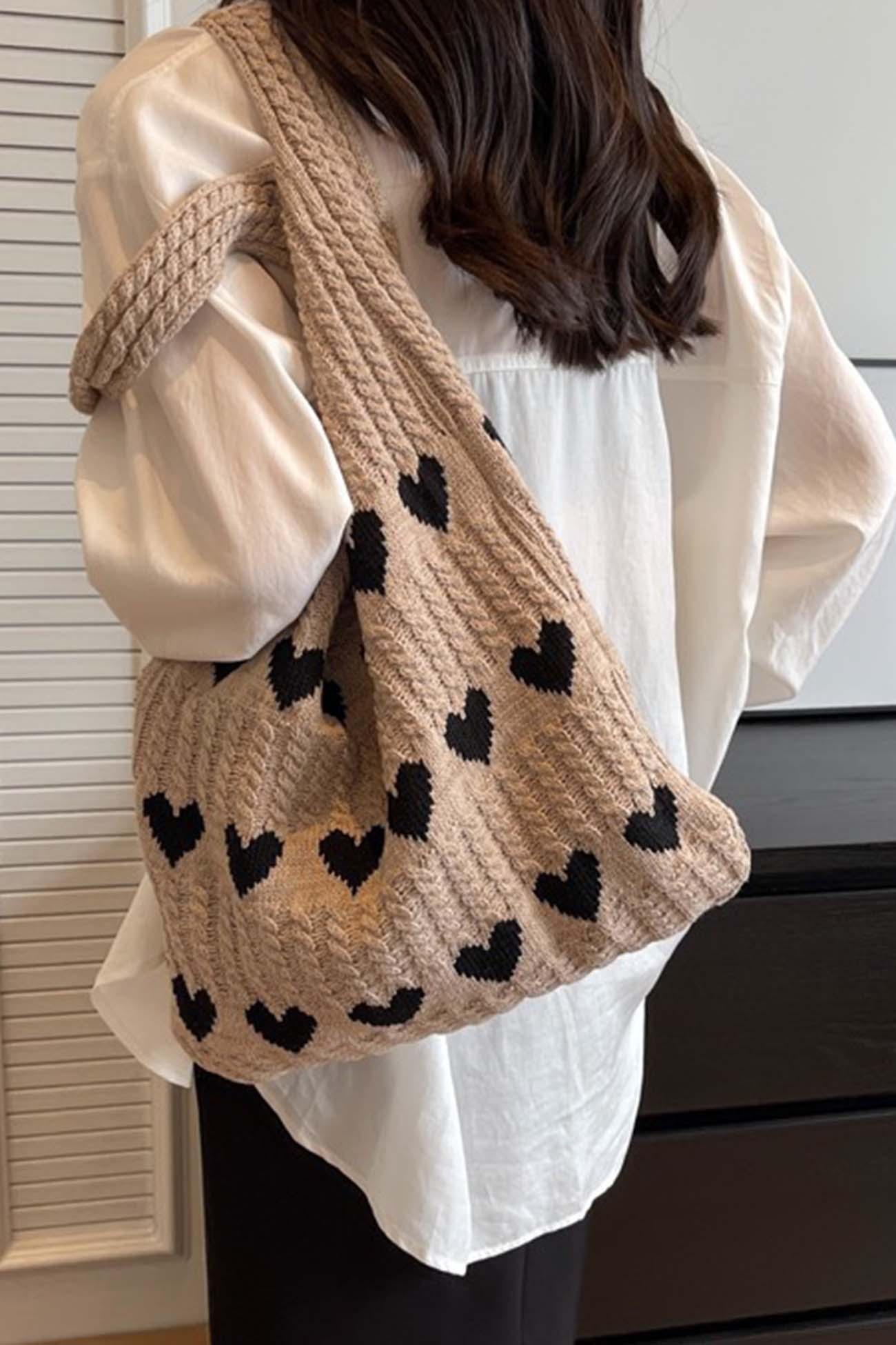 Women's Knitted Tote Bag - Heart Pattern - Handmade Casual Shoulder Bag