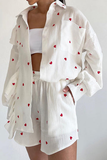 Carmella - heart print ruffle long sleeve shirt two-piece shorts set