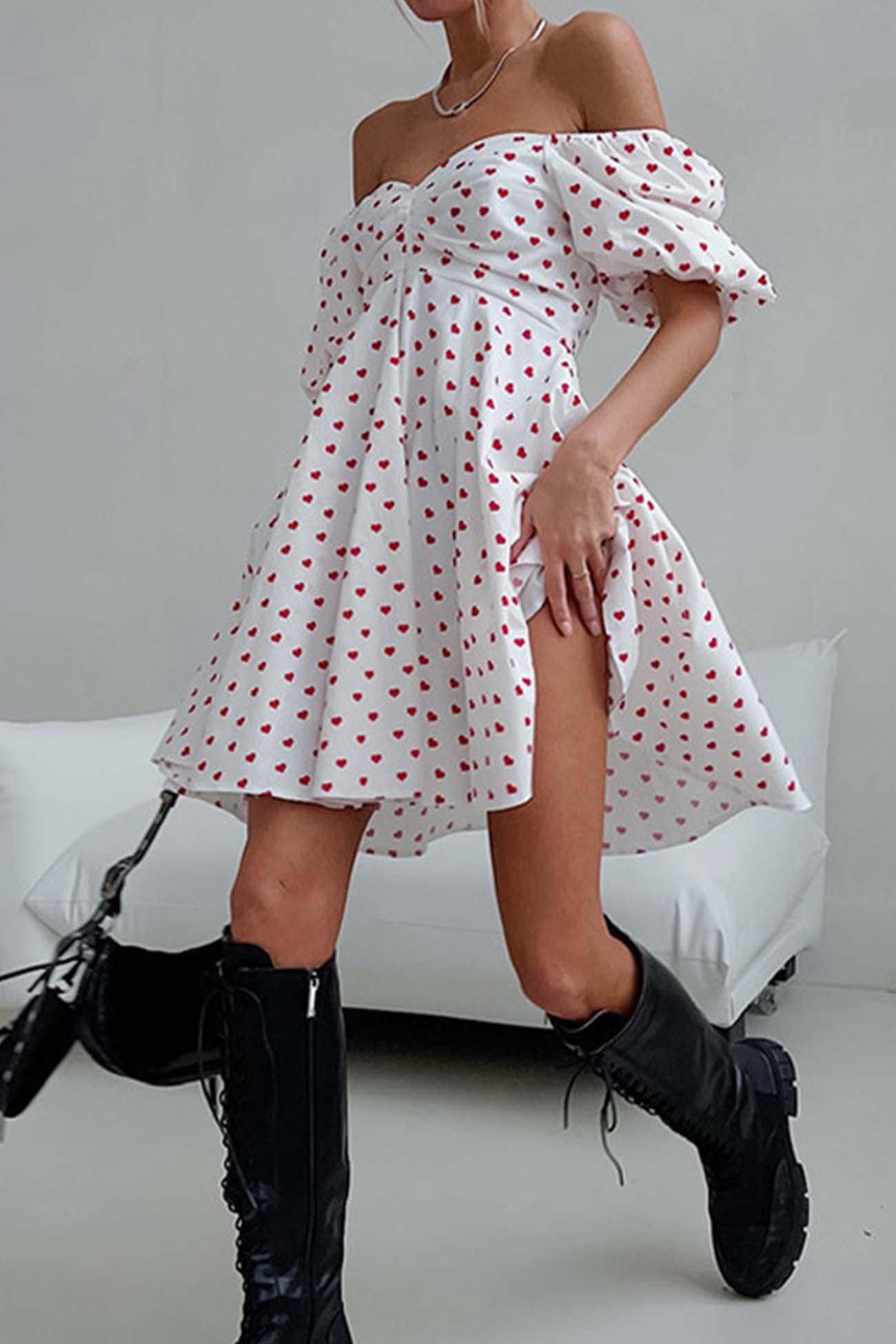 Jezelle - heart printed off-shoulder puff sleeve mini dress