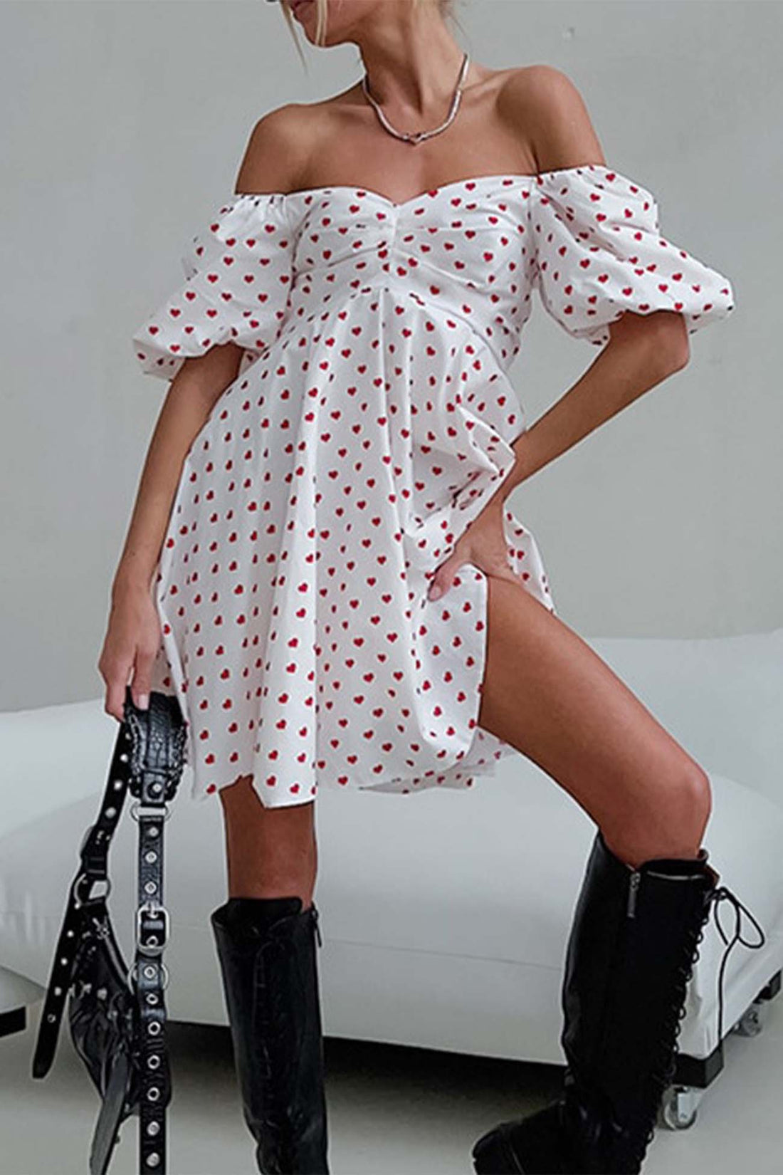 Jezelle - heart printed off-shoulder puff sleeve mini dress