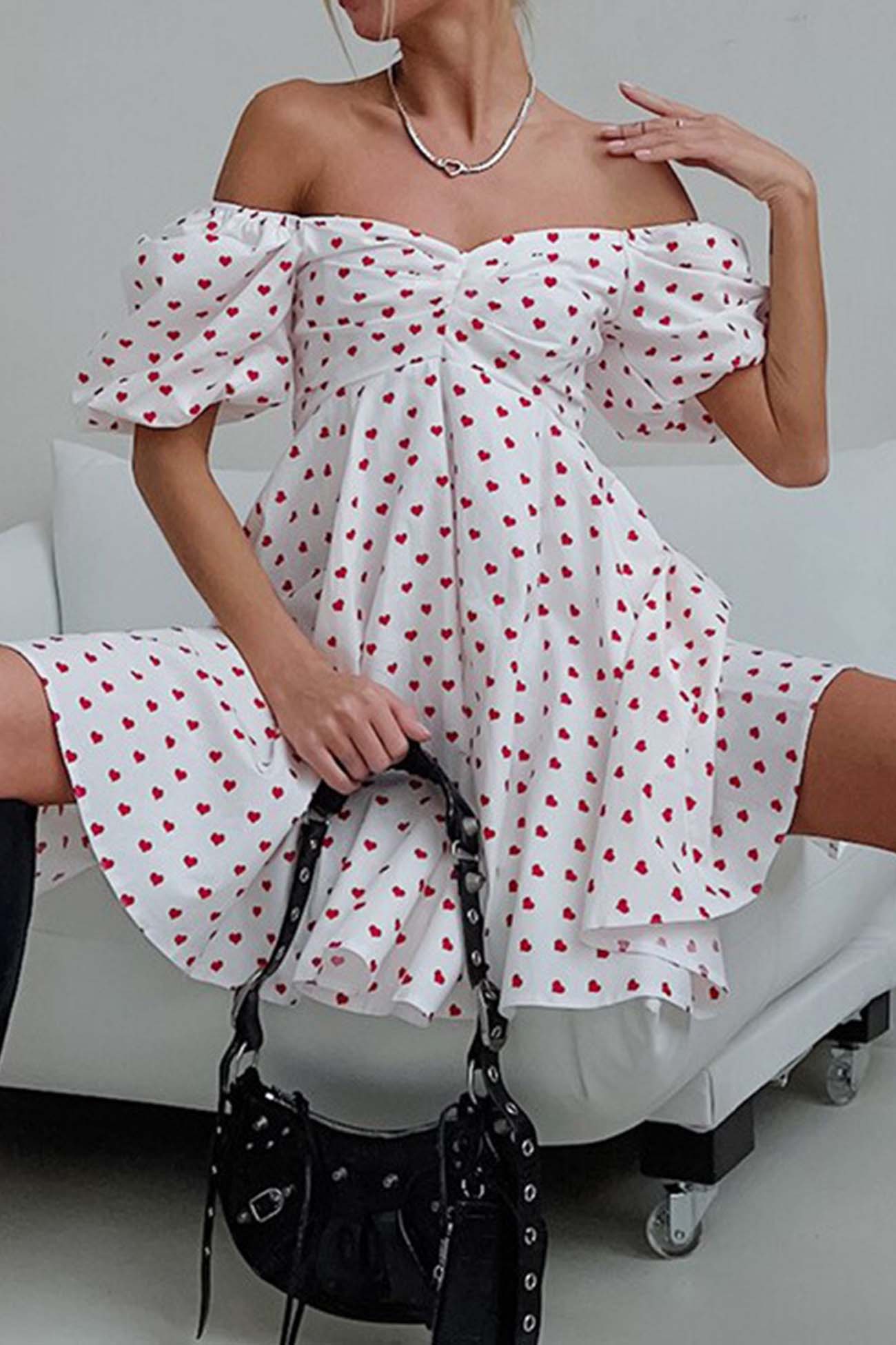 Women's Off-Shoulder Mini Dress - Sweetheart Neckline - Puff Sleeve A-Line Silhouette