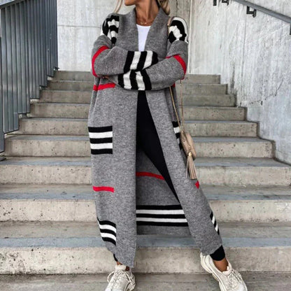 Women's striped knitted long cardigan