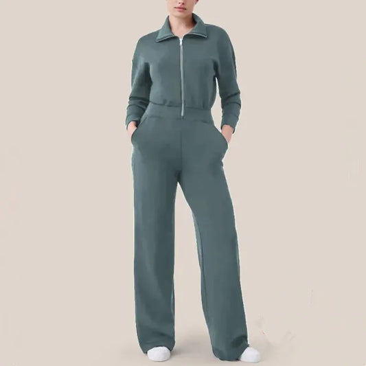 Long-Sleeve Wide-Leg Zipper Jumpsuit