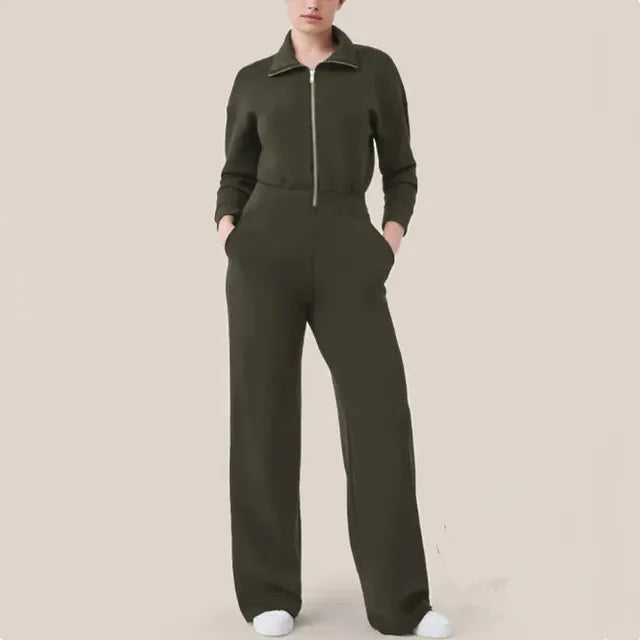 Women's long sleeve wide leg zip-up sweater jumpsuit