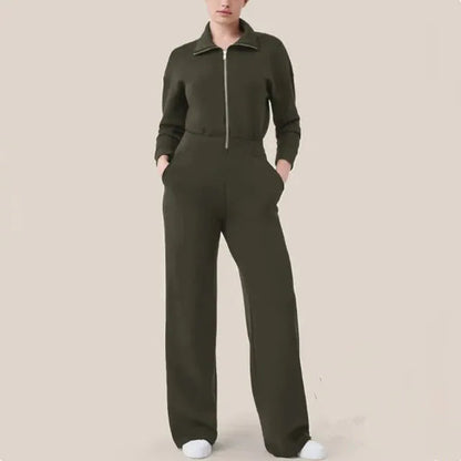 Women's long sleeve wide leg zip-up sweater jumpsuit