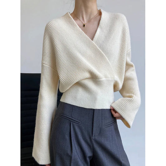 Elegant Crossed V-Neck Knitted Wrap Sweater