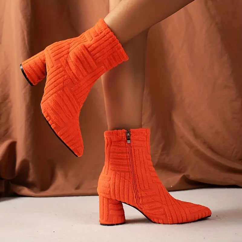 Women's pointed high heel thick heel boots with side zipper