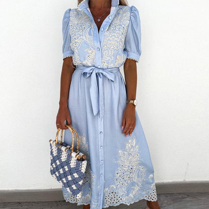 Women’s Midi Dress – Breathable Blend – Embroidered – Button-Down – Puffed Sleeve – Belted