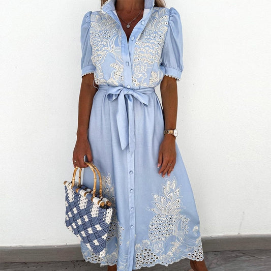 Embroidered Breathable Belted Midi Dress