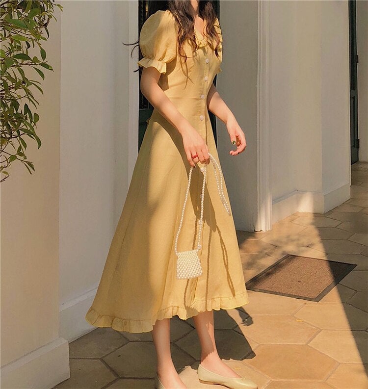 Puff Sleeve A-Line Ruffled Hem Midi Dress