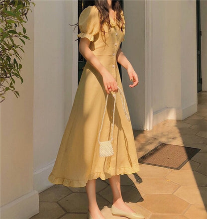 Women's Midi Dress - A-Line Silhouette - Puff Sleeves - Square Neck - Ruffled Hem