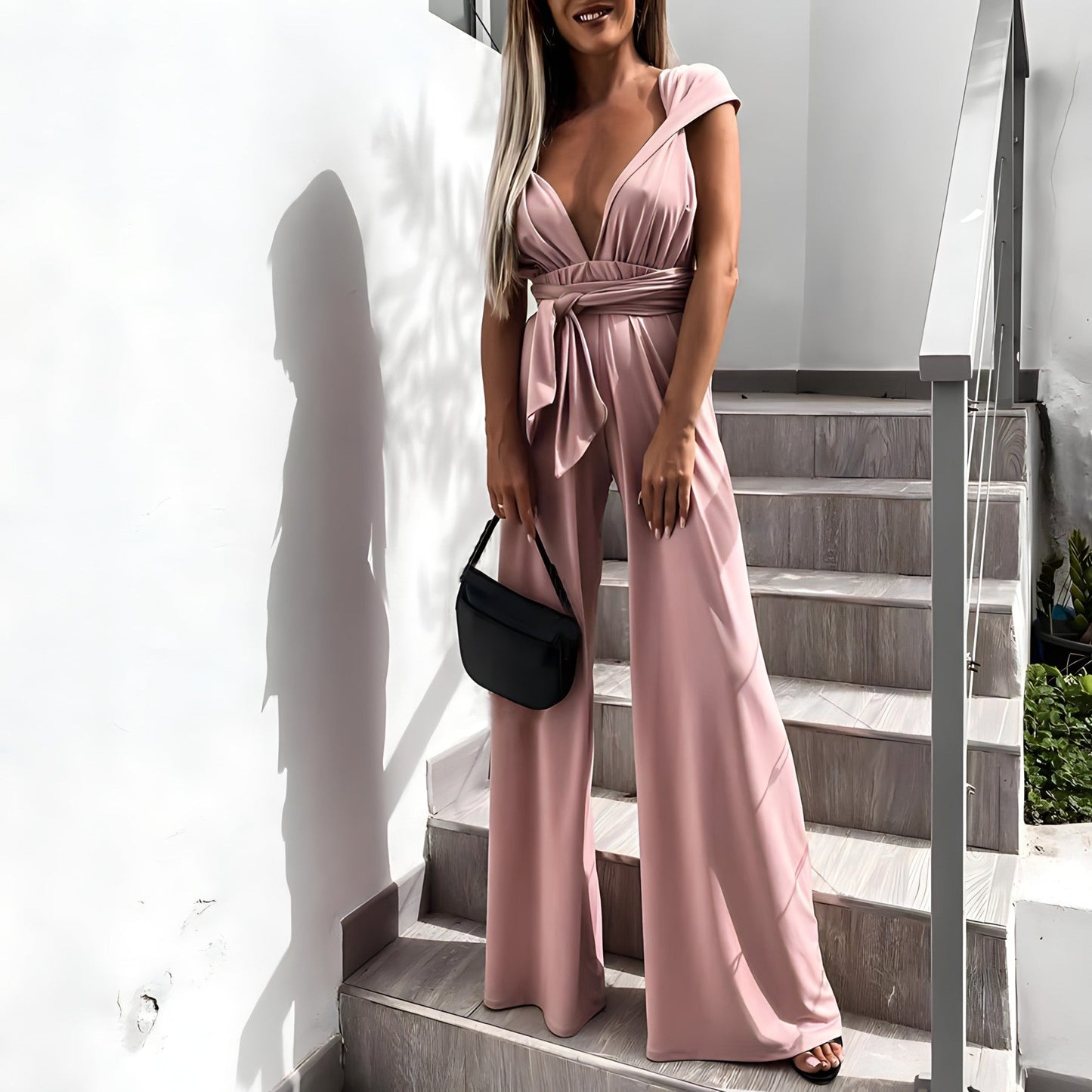 Women's Jumpsuit - Deep V-Neck - Off-Shoulder - Tie Waist - Wide-Leg Flowy Fit