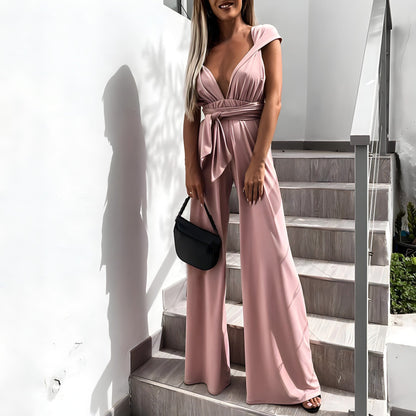 Women's Jumpsuit - Deep V-Neck - Off-Shoulder - Tie Waist - Wide-Leg Flowy Fit