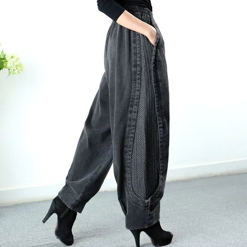 Women’s Baggy Pants – High Waist – Elastic Waistband – Textured Panels – Tapered Leg