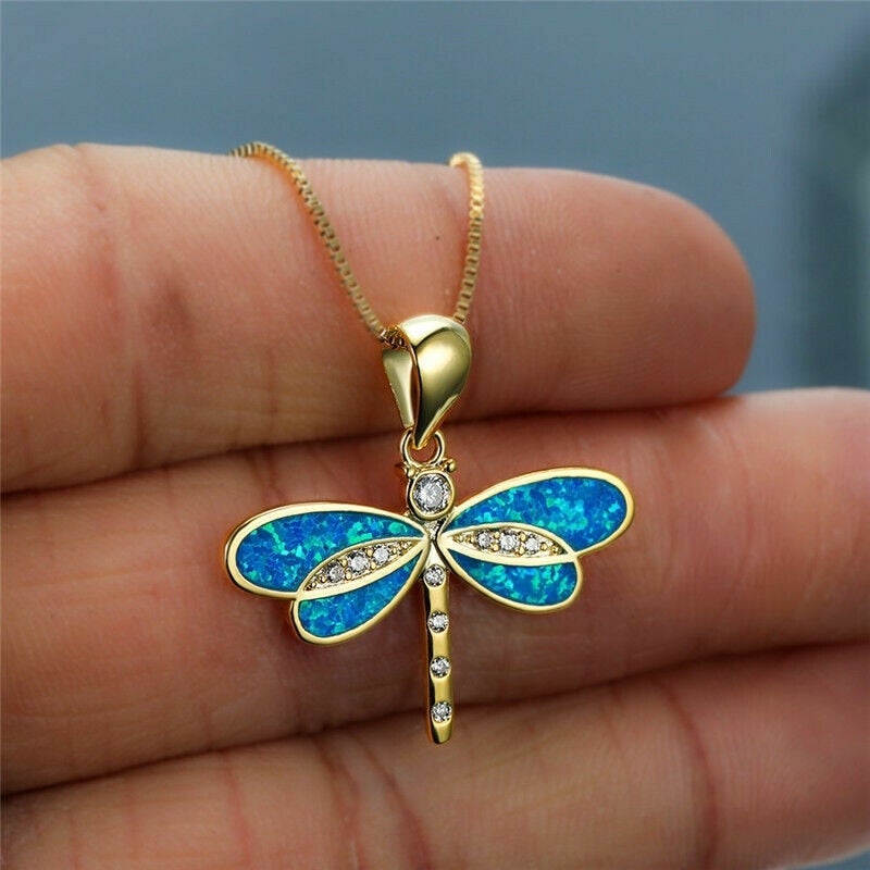 Golden dragonfly necklace with opal