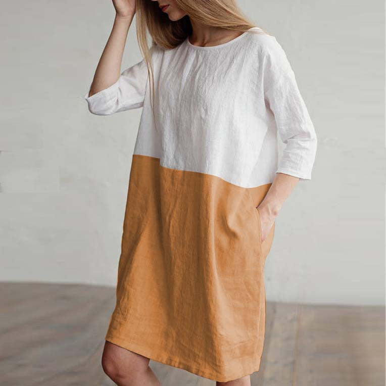 Women's A-Line Dress - 100% Linen - Boat Neck - 3/4 Sleeve - Casual Loose Fit