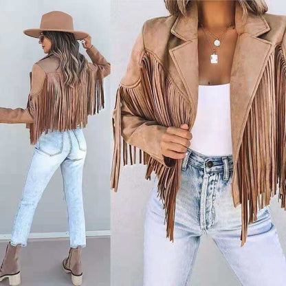 Women’s Suede Fringe Jacket - Cropped Tailored Fit - Open Front - Notched Lapel