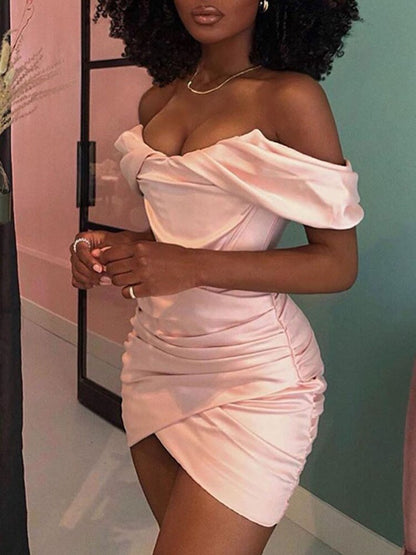 Women's Off-Shoulder Cocktail Dress - Fitted Silhouette - Ruched Mini-Length Elegant Wear