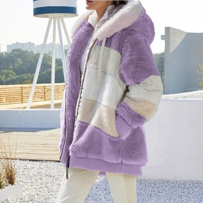Women's warm plush hooded coat with color contrast stripe