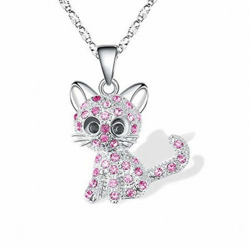 Playful kitten necklace with colorful zirconia