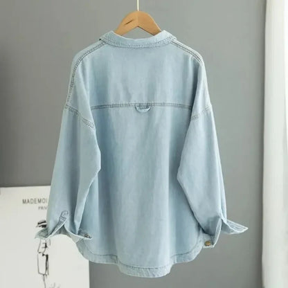 Women's Denim Shirt - Oversized Fit - Long Sleeve Button-Up with Chest Pockets