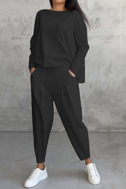 Women's high low hem sweatshirt and cropped trouser set