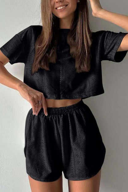 Women’s Two-Piece Set - Eyelet Crop Top & Shorts - Breathable Lightweight Casual Fit