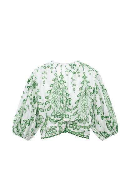 Women’s Crop Top and Shorts Set - Wrap V-Neck - Puff Sleeve - High Waist - Scalloped Hem
