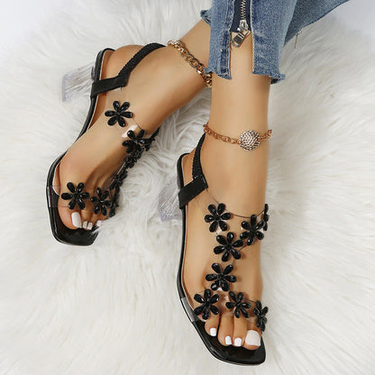 Women's Heeled Sandals - Clear Block Heel - Floral Embellished Straps - Open Toe