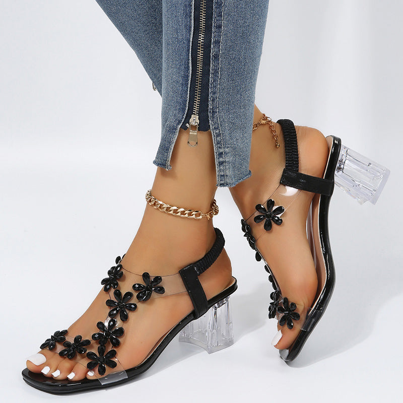 Women's Heeled Sandals - Clear Block Heel - Floral Embellished Straps - Open Toe