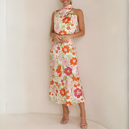 Women's Halter Midi Dress - Draped Asymmetrical Design - Elegant Floral Print