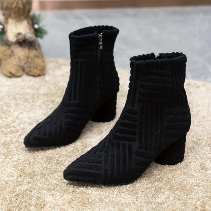 Women's pointed high heel thick heel boots with side zipper