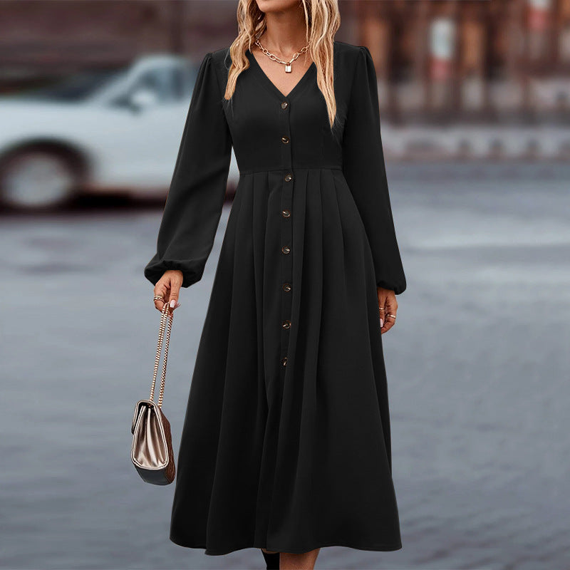 Women's Midi Dress - A-Line Silhouette - V-Neck - Long Puff Sleeves - Button Front