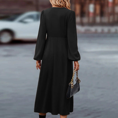 Women's Midi Dress - A-Line Silhouette - V-Neck - Long Puff Sleeves - Button Front