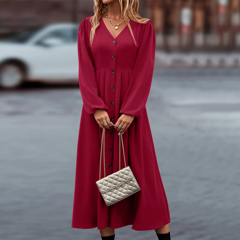 Women's Midi Dress - A-Line Silhouette - V-Neck - Long Puff Sleeves - Button Front
