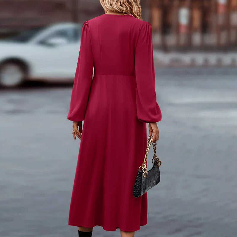 Women's Midi Dress - A-Line Silhouette - V-Neck - Long Puff Sleeves - Button Front